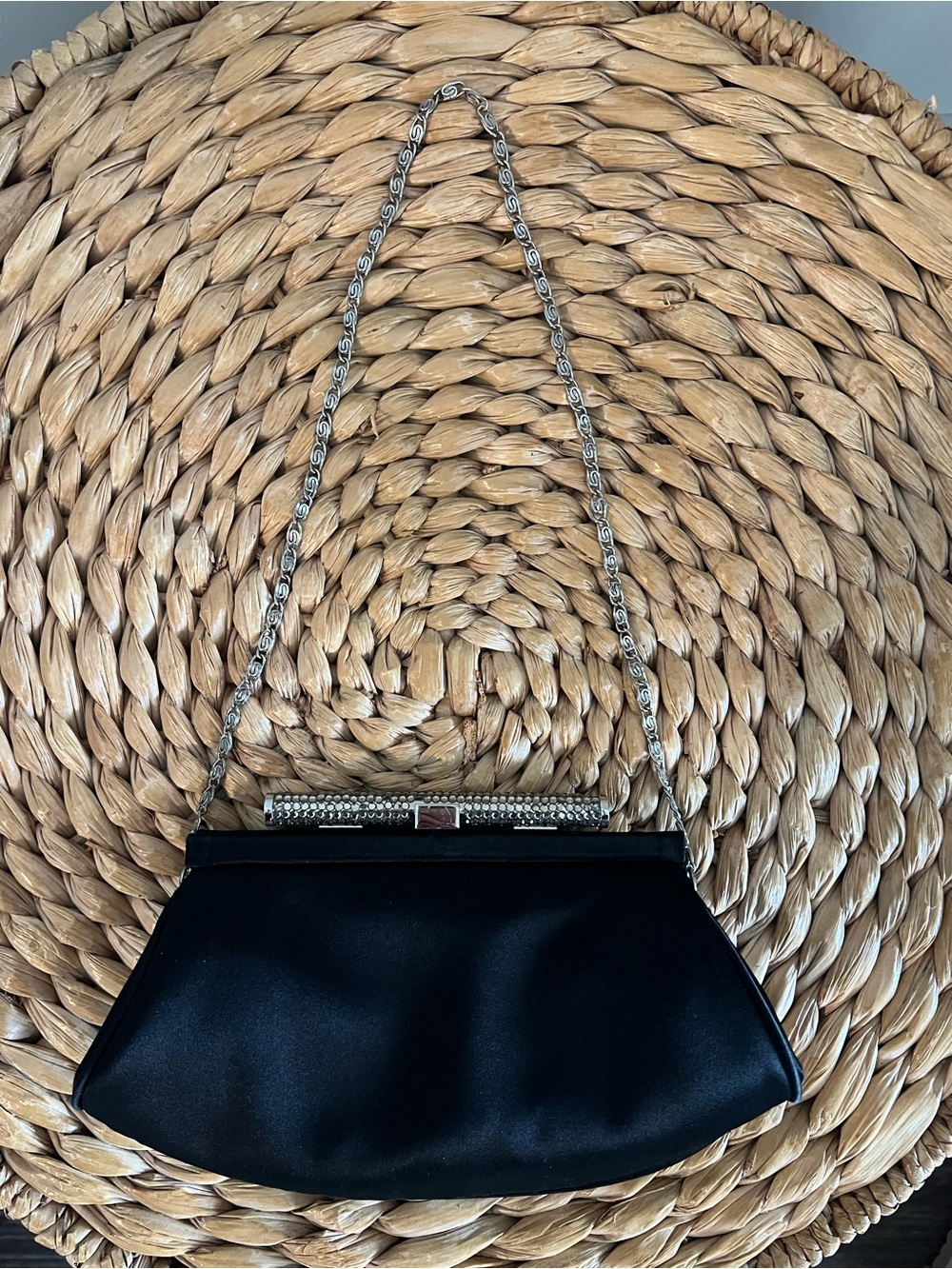 Ann Taylor Black Satin Evening Clutch with Silver Chain